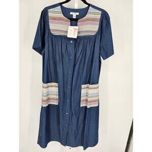 Go Softly Womens Sz S Patio Dress Snap Fornt Blue Denim Embroidered NEW